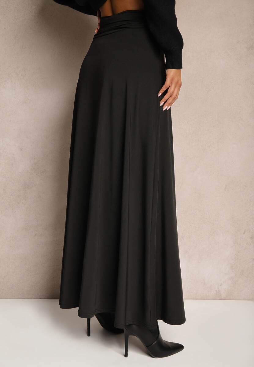 Czarna Rozkloszowana Spódnica High Waist z Marszczeniem w Pasie Nolisea