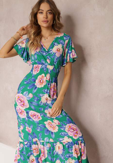 Zielona Rozkloszowana Sukienka Maxi z Gumkami w Talii i Falbankami Tayte