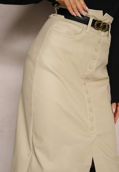 Jasnobeżowa Spódnica z Ekoskóry High Waist z Rozcięciem i Napami z Przodu Asttia