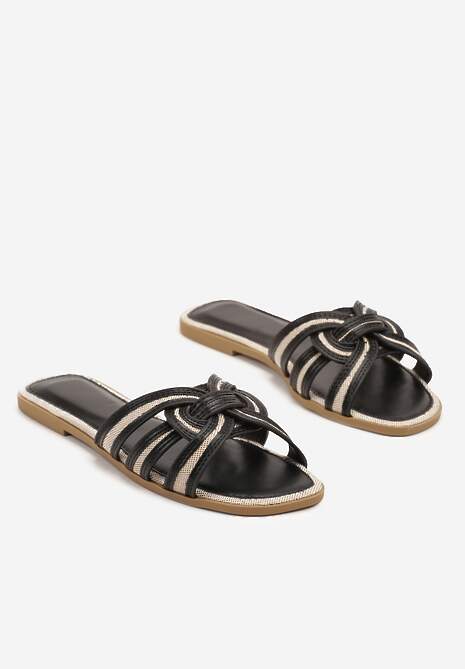 Czarne Klapki Ozdobione Paskami Telonilia