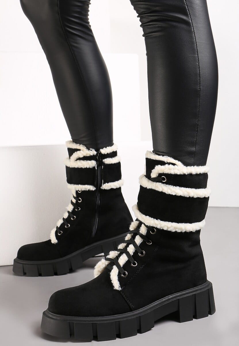 Czarno-Beżowe Botki Workery z Futrzanymi Lamówkami Freekolo