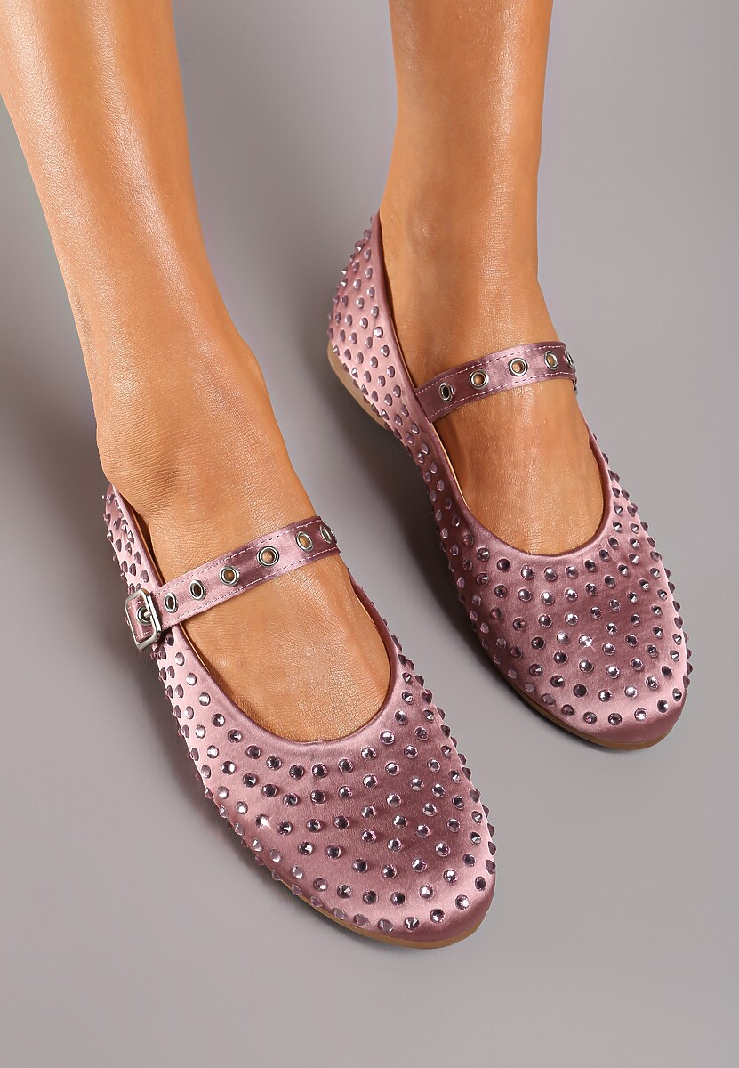 Beżowe Cyrkoniowe Balerinki w Stylu Mary Jane na Płaskiej Podeszwie z Ozdobnym Paskiem Armiola