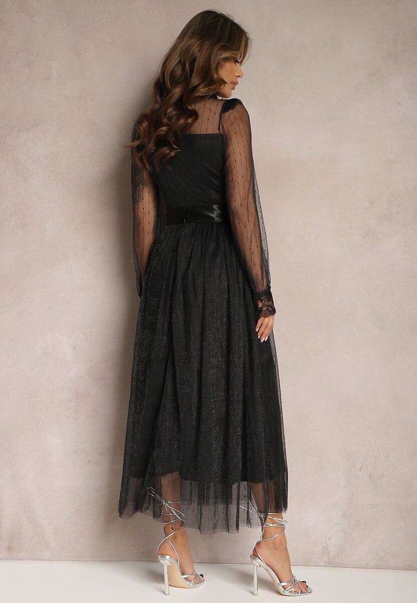 Czarna Siateczkowa Sukienka Maxi o Rozkloszowanym Kroju z Ozdobną Koronką Narile