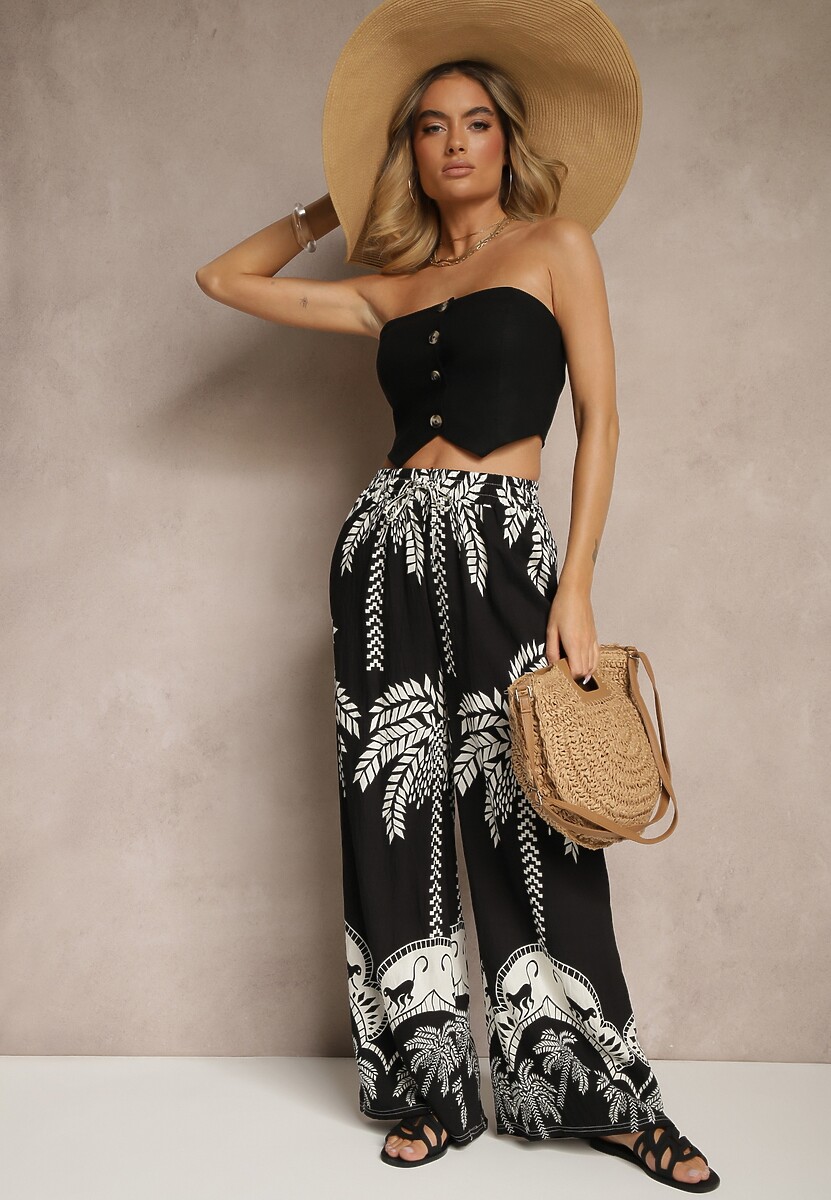 Ciemnobeżowe Spodnie z Wiskozy o Szerokim Kroju High Waist z Palmami Varritia