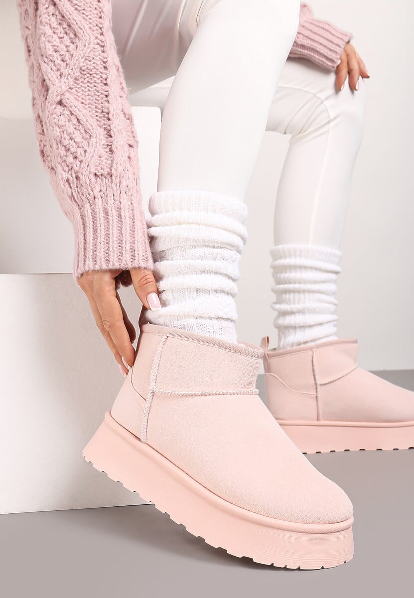 Różowe Casualowe Śniegowce na Grubej Podeszwie o Krótkim Fasonie Lobaria