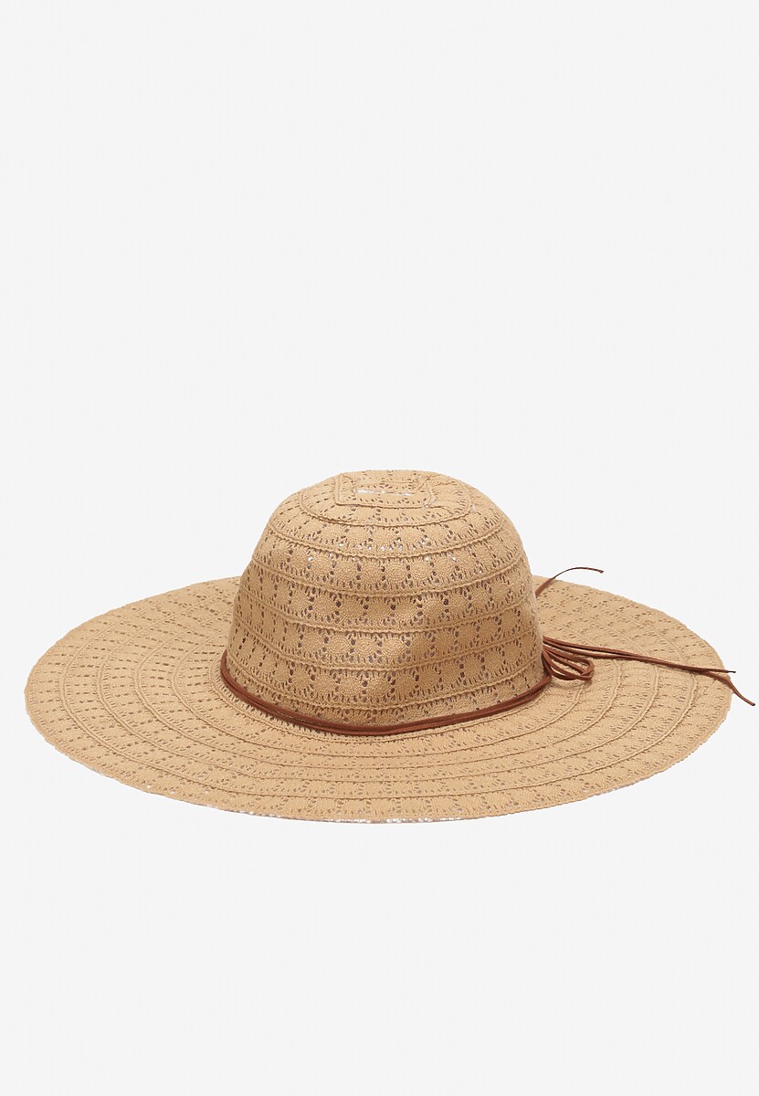 Beżowy Szeroki Kapelusz Pleciony z Ozdobnym Wiązaniem Stellan