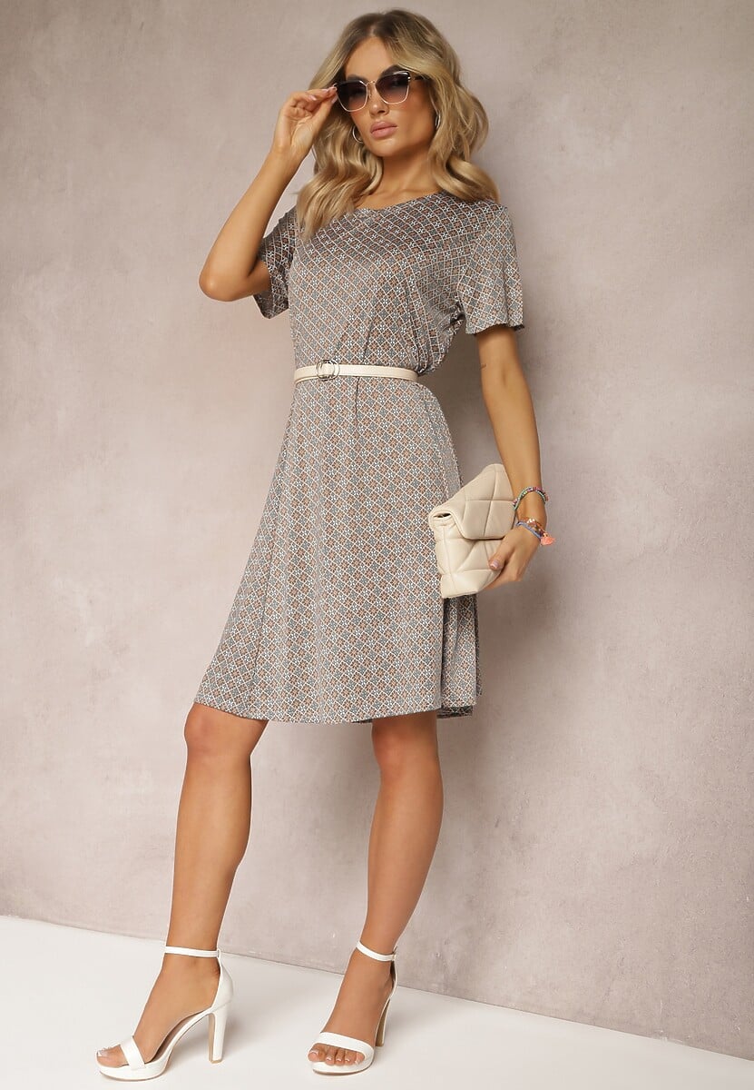 Zielono-Beżowa Sukienka Mini z Wiskozy z Rozkloszowanym Dołem Lontassa