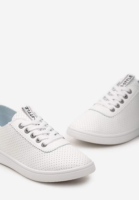 Biało-Szare Tenisówki Ozdobione Taśmą z Napisem na Języku i Pięcie Cholewka z Perforacją Aelita