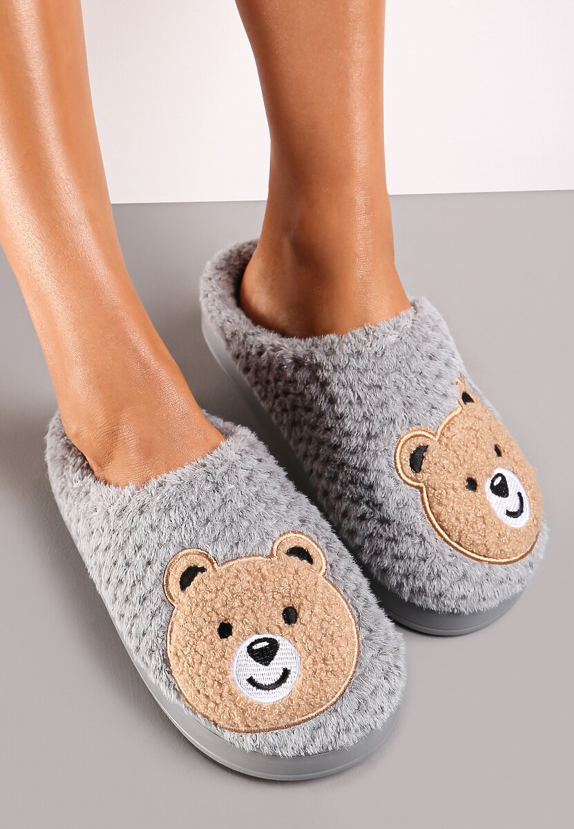 Szare Ocieplone Kapcie z Naszywką w Kształcie Uroczego Misia Garana