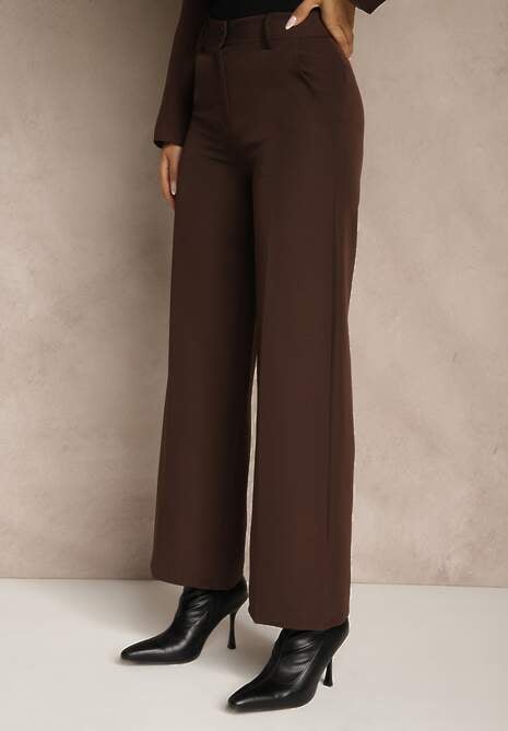 Brązowy Komplet Garniturowy z Wiskozą Spodnie Wide Leg i Marynarka na Guzik Tevrina