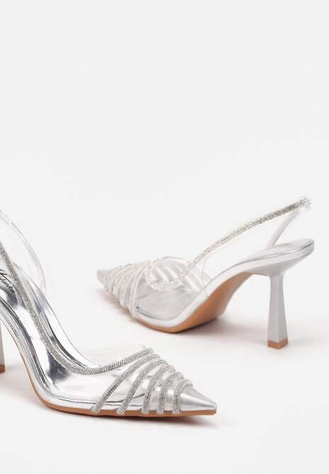Srebrne Transparentne Sandały na Obcasie ze Szpiczastym Noskiem i Cyrkoniami Felissin
