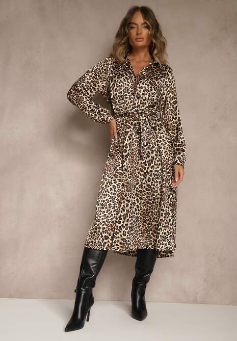 Brązowa Koszulowa Sukienka w Panterkę z Wiązanym Paskiem Ramalli