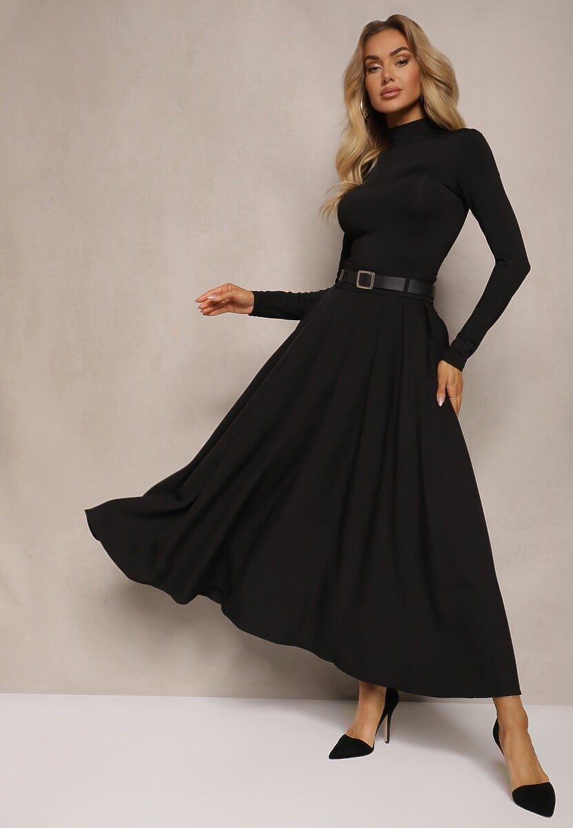 Czarna Rozkloszowana Spódnica z Szerokimi Plisami i Paskiem z Ekoskóry Awhisa