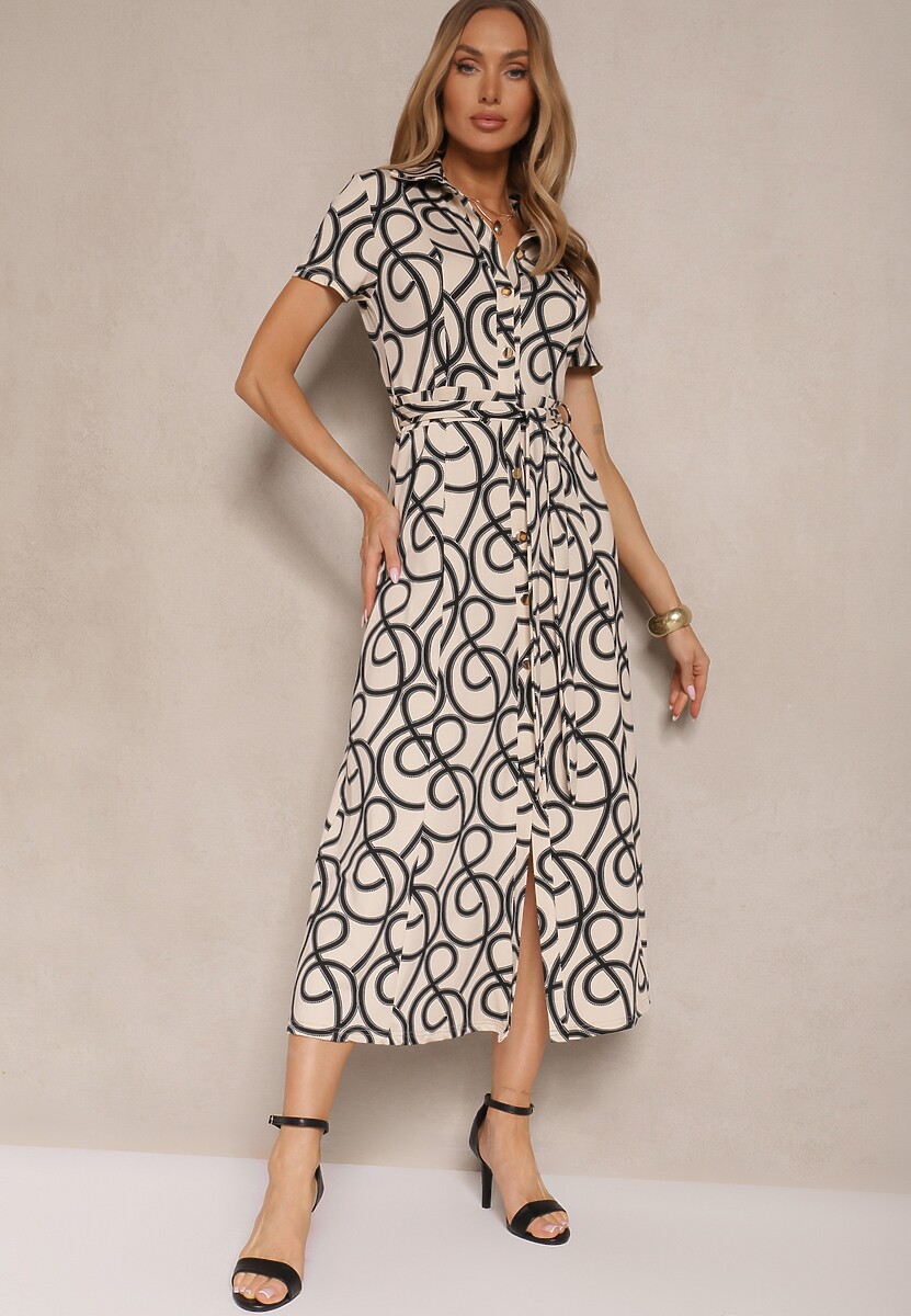 Czarno-Beżowa Sukienka z Wiskozą o Koszulowym Kroju z Geometrycznym Wzorem Saravione