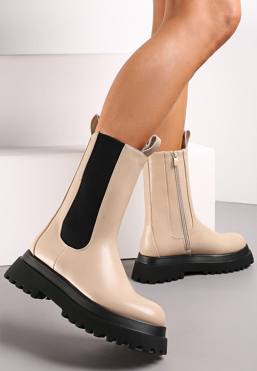 Beżowe Botki Sztyblety na Grubej Podeszwie Amelle