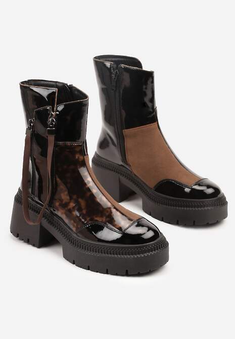 Czarno-Brązowe Botki Lakierowane Vices Ozdobione Tasiemką Rotine