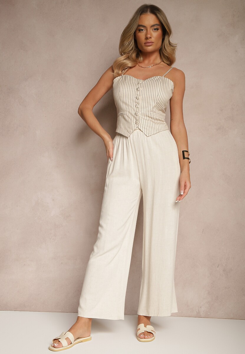 Beżowe Szerokie Spodnie z Lnem High Waist Sanitria