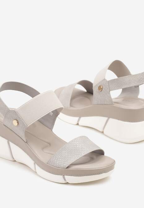 Szare Sandały na Koturnie ze Żłobieniami z Elastycznym Zapięciem i Brokatem Lisanisea