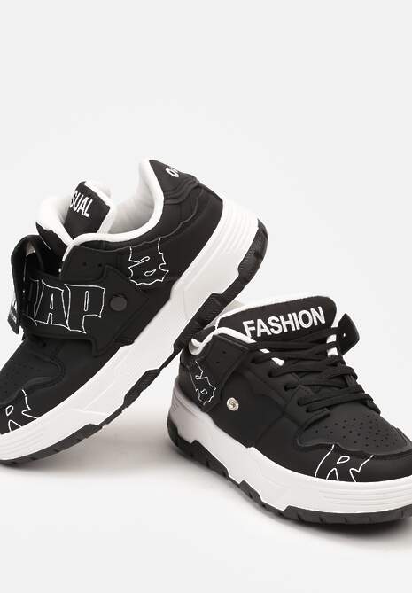 Czarne Sneakersy na Płaskiej Podeszwie Ozdobione Napisami Griefra