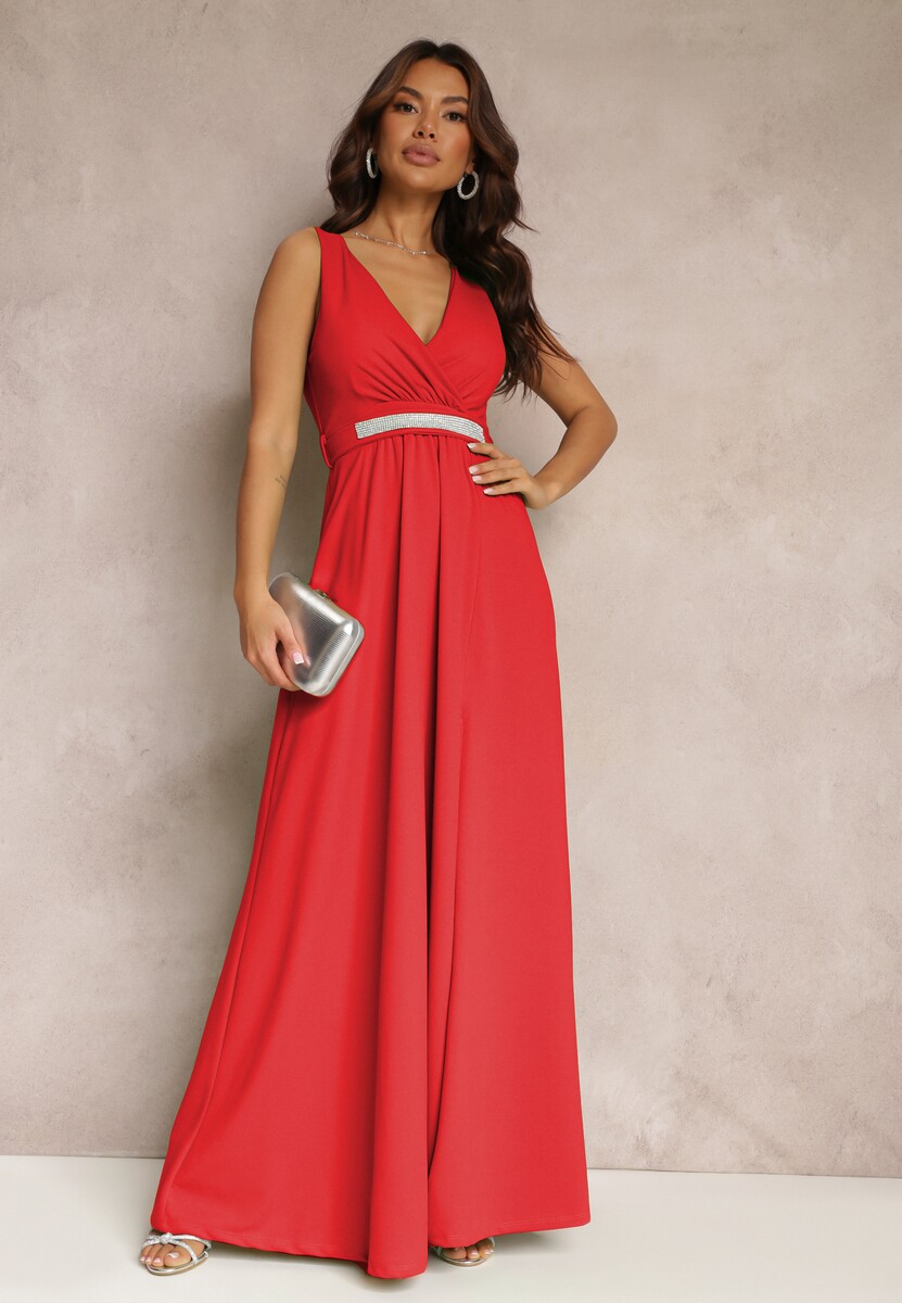 Czerwona Rozkloszowana Sukienka z Wycięciem i Paskiem w Cyrkonie Elineta