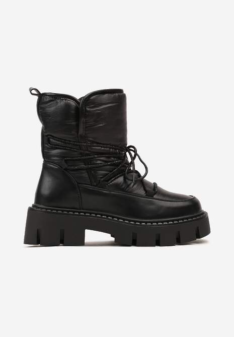 Czarne Sznurowane Śniegowce na Platformie z Tłoczeniem Ozdobione Metaliczną Nicią Batirae