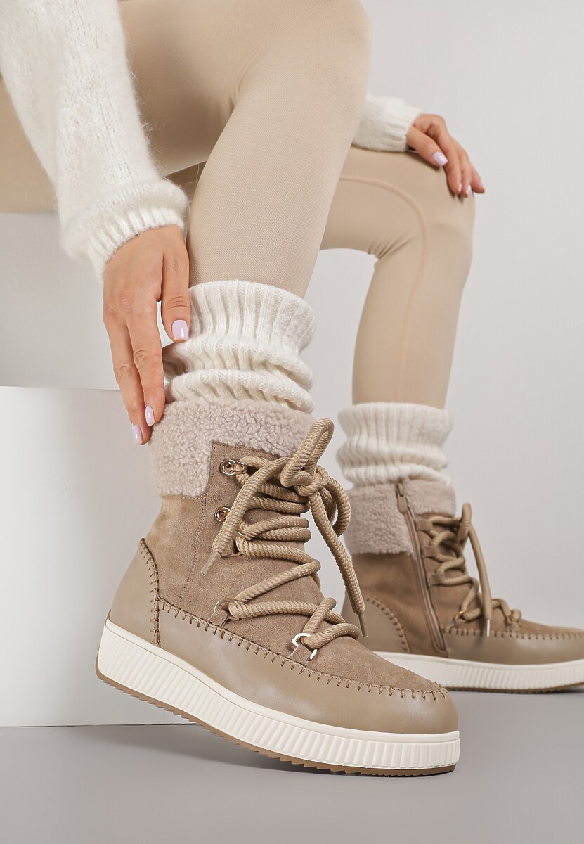 Ciemnobeżowe Śniegowce Zdobione Futrem i Przeszyciami Genilea