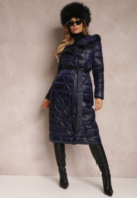 Granatowa Kurtka za Kolano z Wiązanym Paskiem i Kapturem Feome