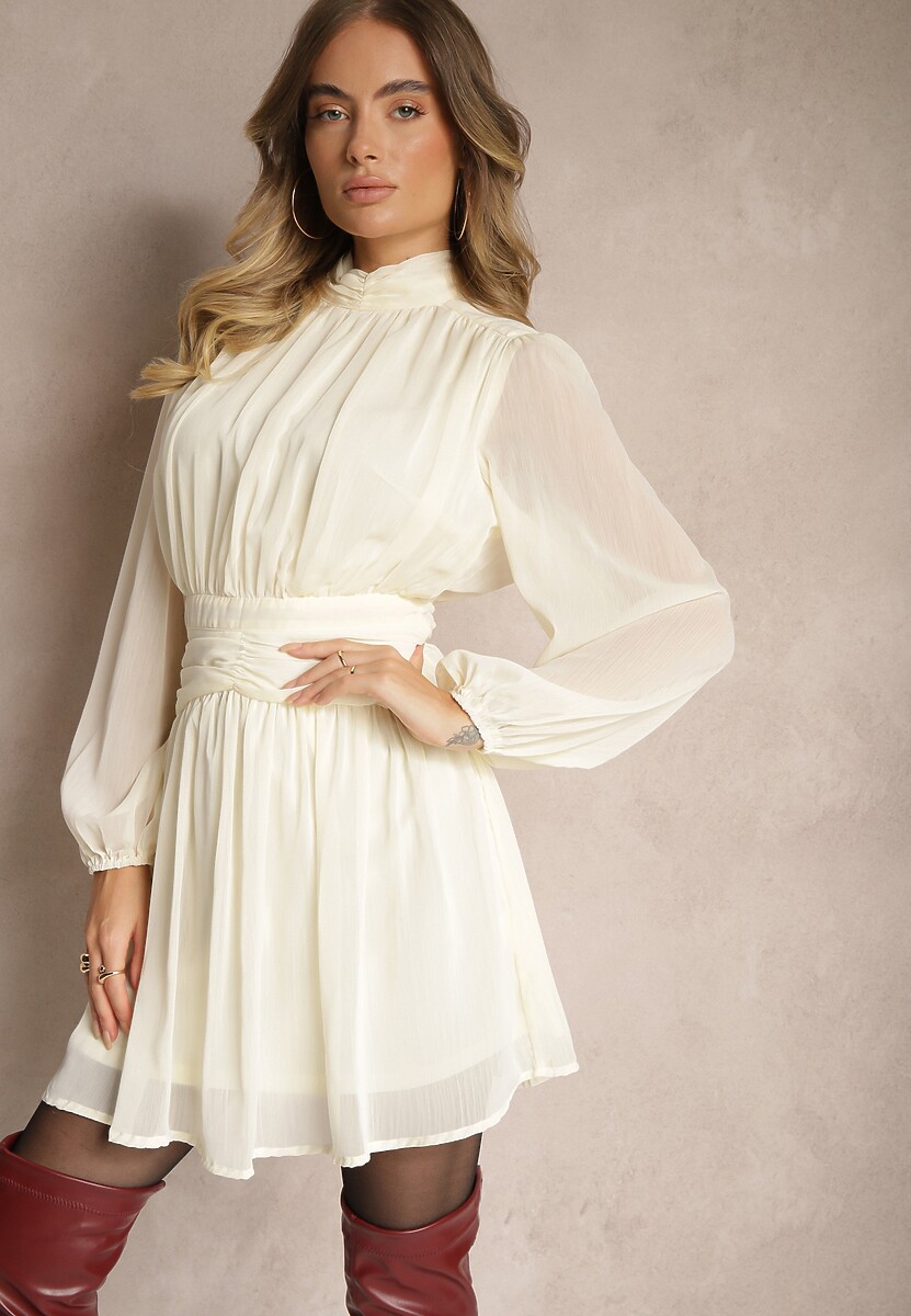 Beżowa Rozkloszowana Sukienka z Półprzeźroczystymi Wstawkami i Stójką Gelabine