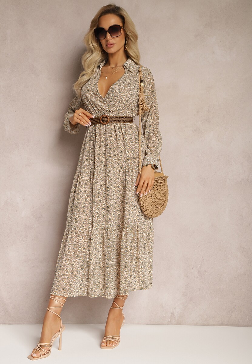 Beżowa Sukienka Rozkloszowana w Kwiaty z Paskiem Rakhila
