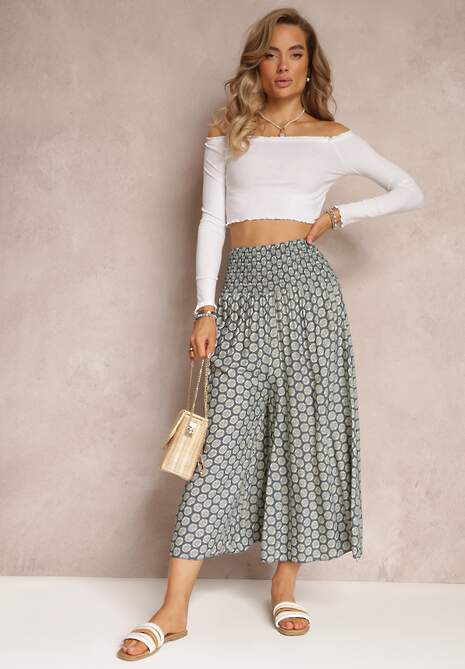 Granatowo-Zielone Szerokie Spodnie Bawełniane z Wysokim Stanem i Długością 7/8 Jorste