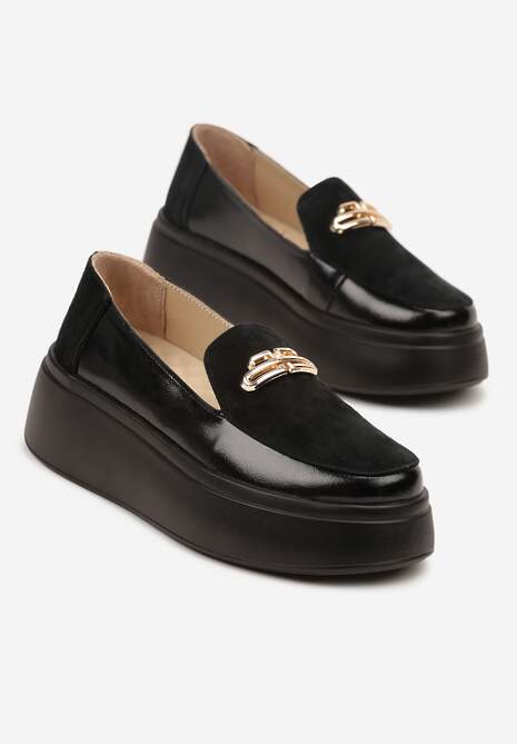 Czarne Półbuty na Platformie i Koturnie ze Skóry Naturalnej z Metaliczną Aplikacją Takaria