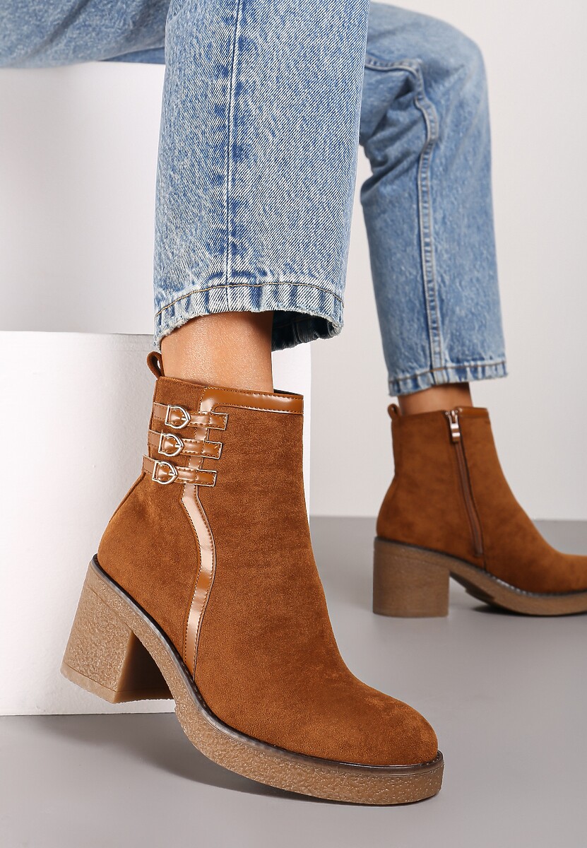 Brązowe Botki na Słupku z Trzema Paseczkami z Klamerkami Ivenitha