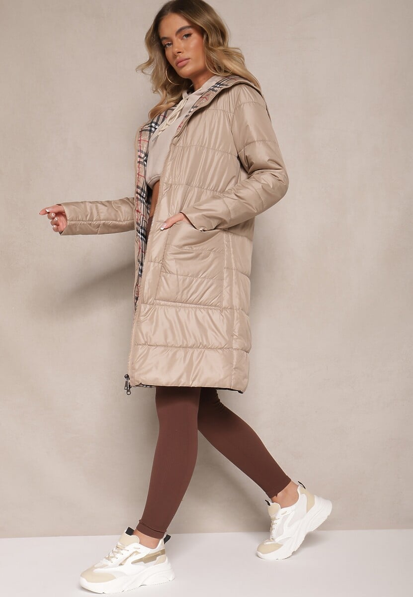 Beżowa Przejściowa Kurtka z Pikowanymi Przeszyciami i Kapturem Leandwen