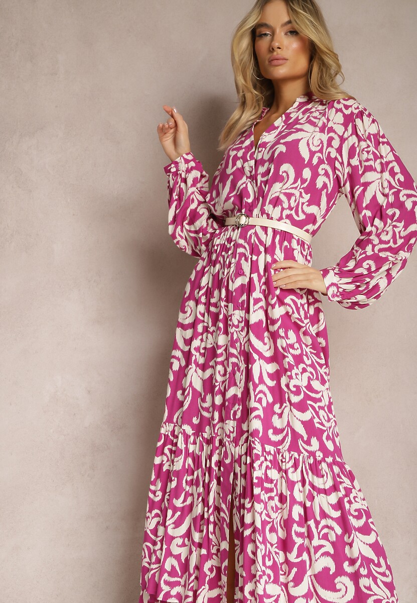 Fuksjowa Rozkloszowana Sukienka Maxi z Wiskozy o Koszulowym Kroju w Ornamentalny Print Leonorra