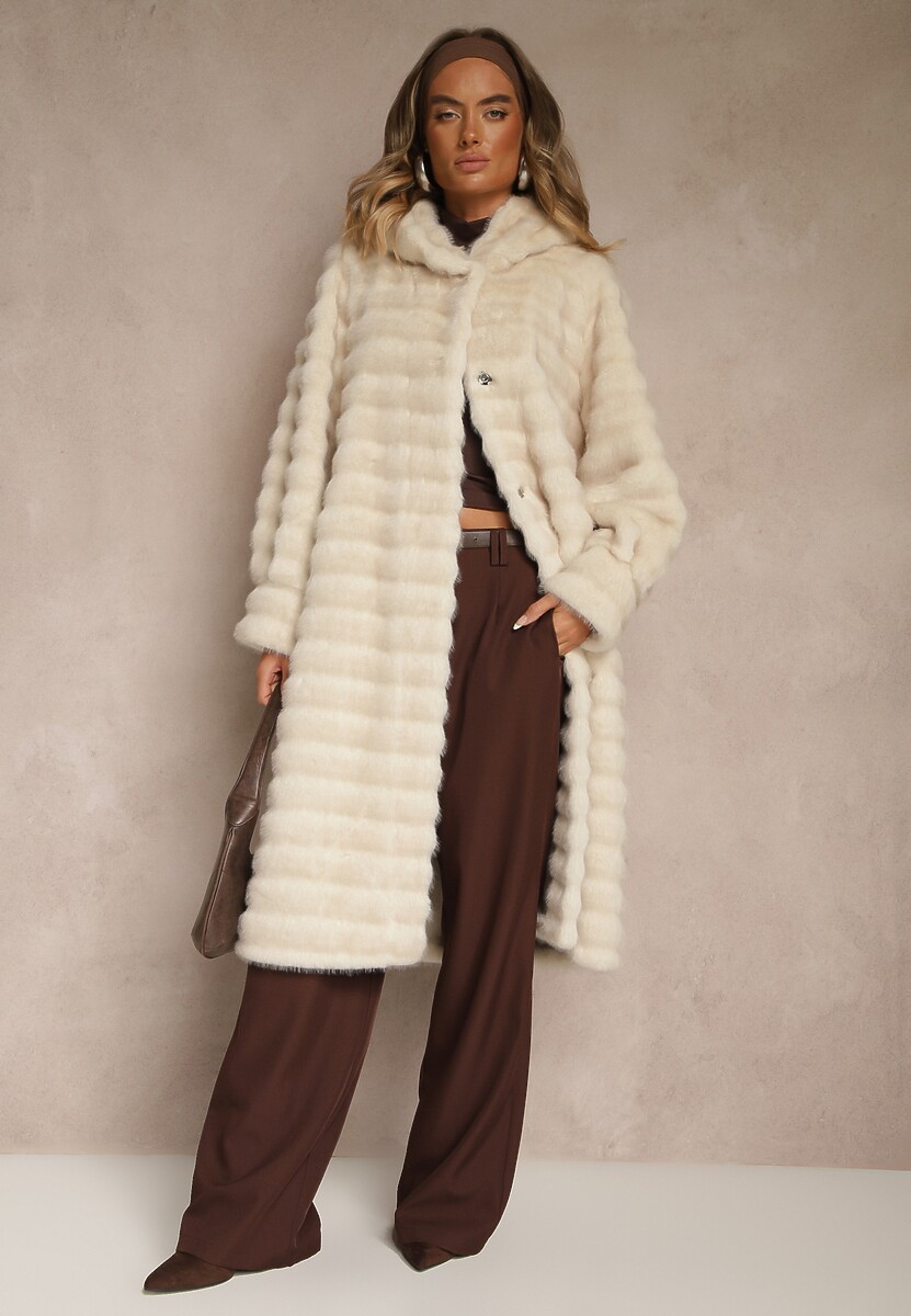 Beżowy Płaszcz Futerko z Ozdobnymi Przeszyciami i Kapturem Esetia