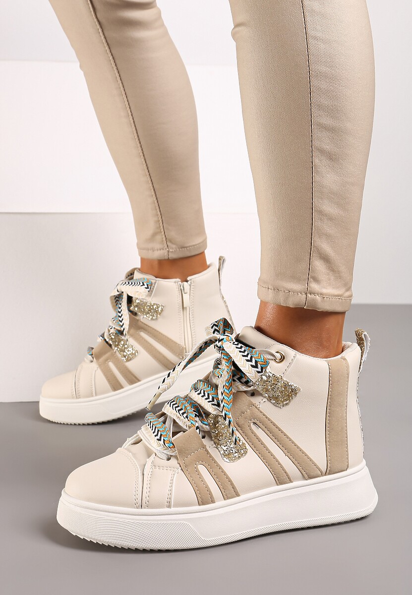 Beżowe Streetwearowe Sneakersy na Grubej Podeszwie Ozdobione Kontrastowymi Wstawkami Kaittane