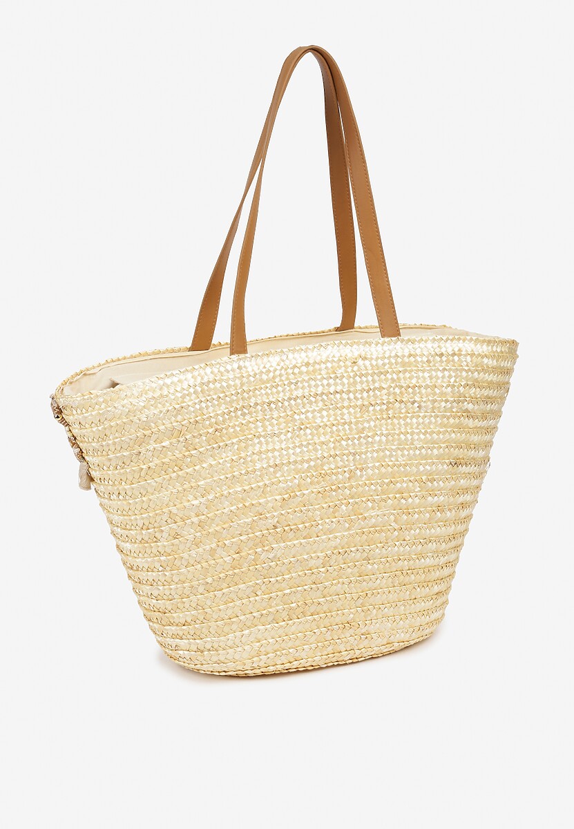 Beżowa Torebka z Plecionego Materiału Zapinana na Zamek Błyskawiaczny Abcolia