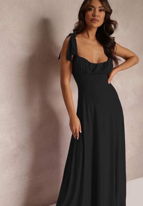 Czarna Długa Sukienka z Marszczonym Dekoltem i Wiązanymi Ramiączkami Rozvita