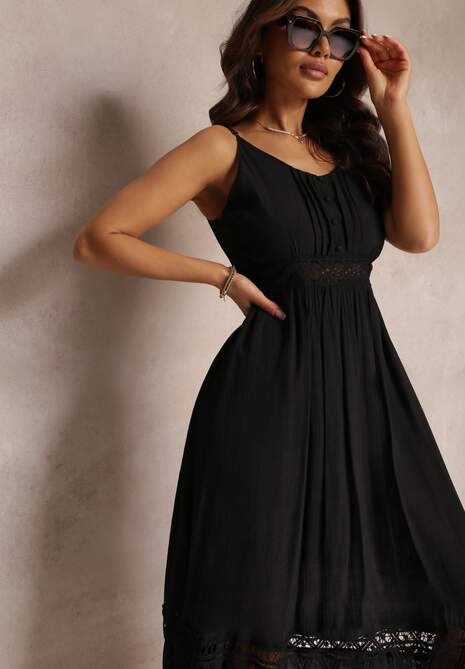 Czarna Rozkloszowana Sukienka Maxi z Falbanką i Koronką Luluma