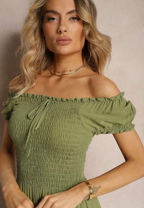 Jasnozielona Sukienka Hiszpanka z Wiskozy z Górą Marszczoną Gumkami Moallme