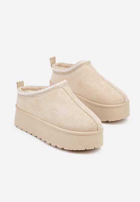 Beżowe Śniegowce z Ekozamszu na Platformie z Niską Cholewką z Ozdobnym Haftem Garvia