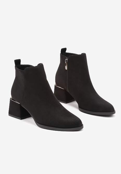 Czarne Botki z Ekozamszu na Niskim Obcasie Zdobionym Metaliczną Wstawką Brievia