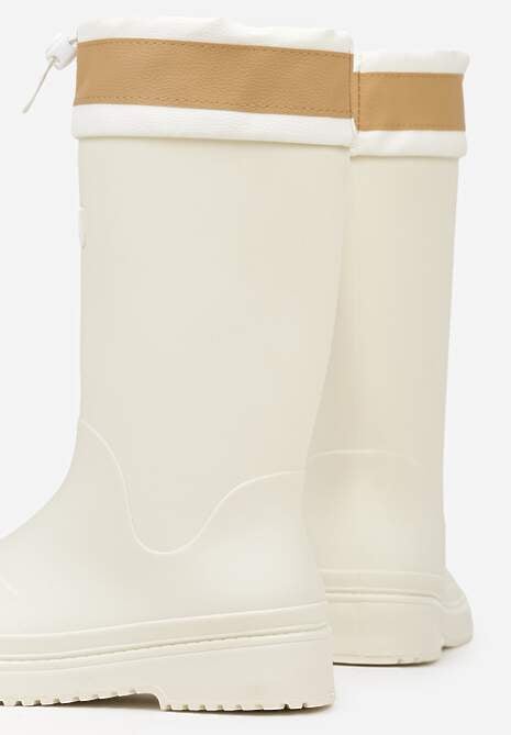 Białe Kalosze Ozdobione Napisem ze Ściągaczem przy Cholewce Voslia