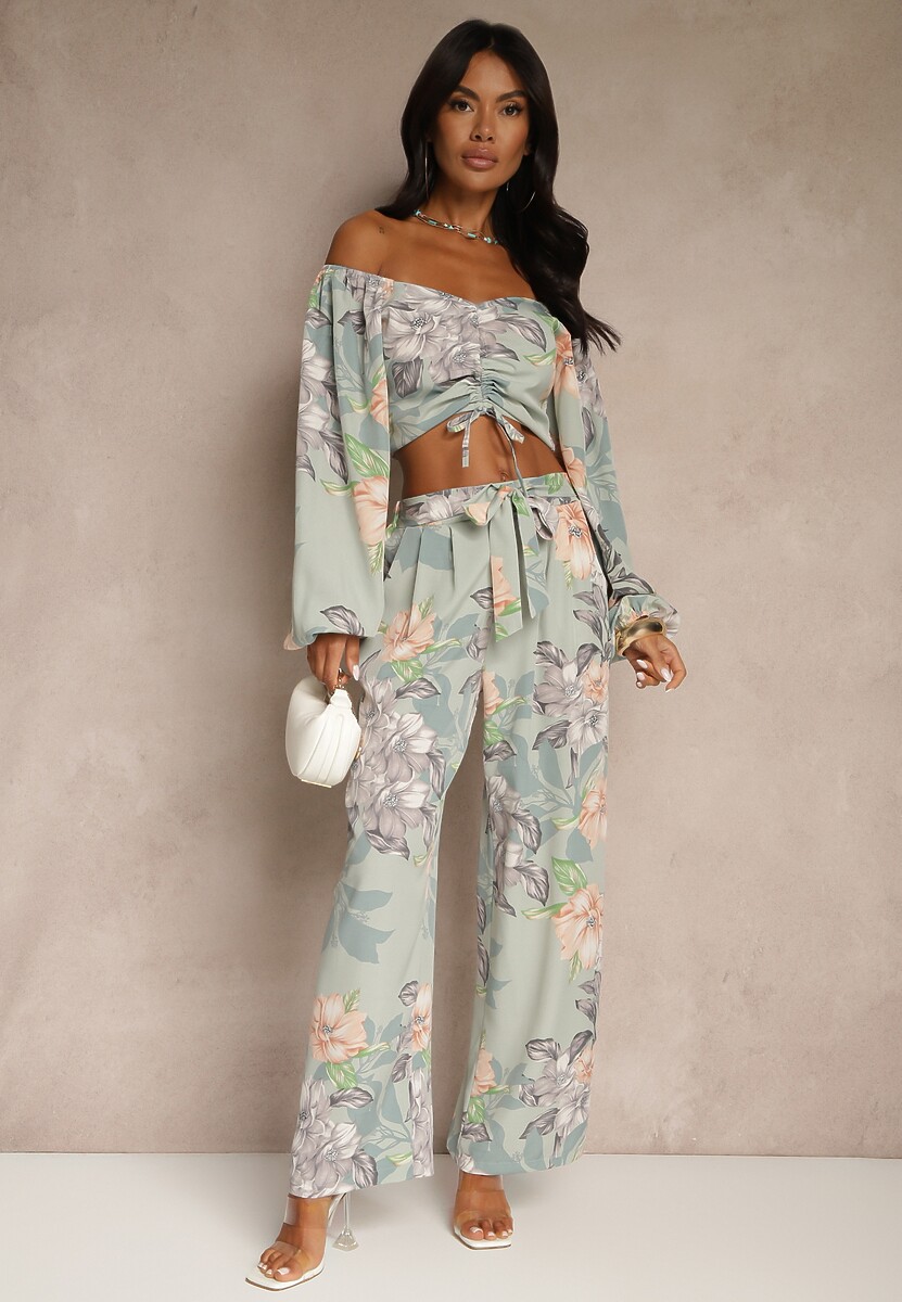 Miętowy 2-częściowy Komplet Bluzka z Długim Rękawem Szerokie Spodnie z Gumką w Pasie w Kwiaty Calaq