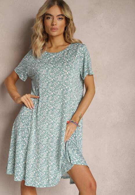 Zielona Krótka Sukienka z Rozkloszowanym Dołem i Okrągłym Dekoltem z Wiskozy Dapnehli