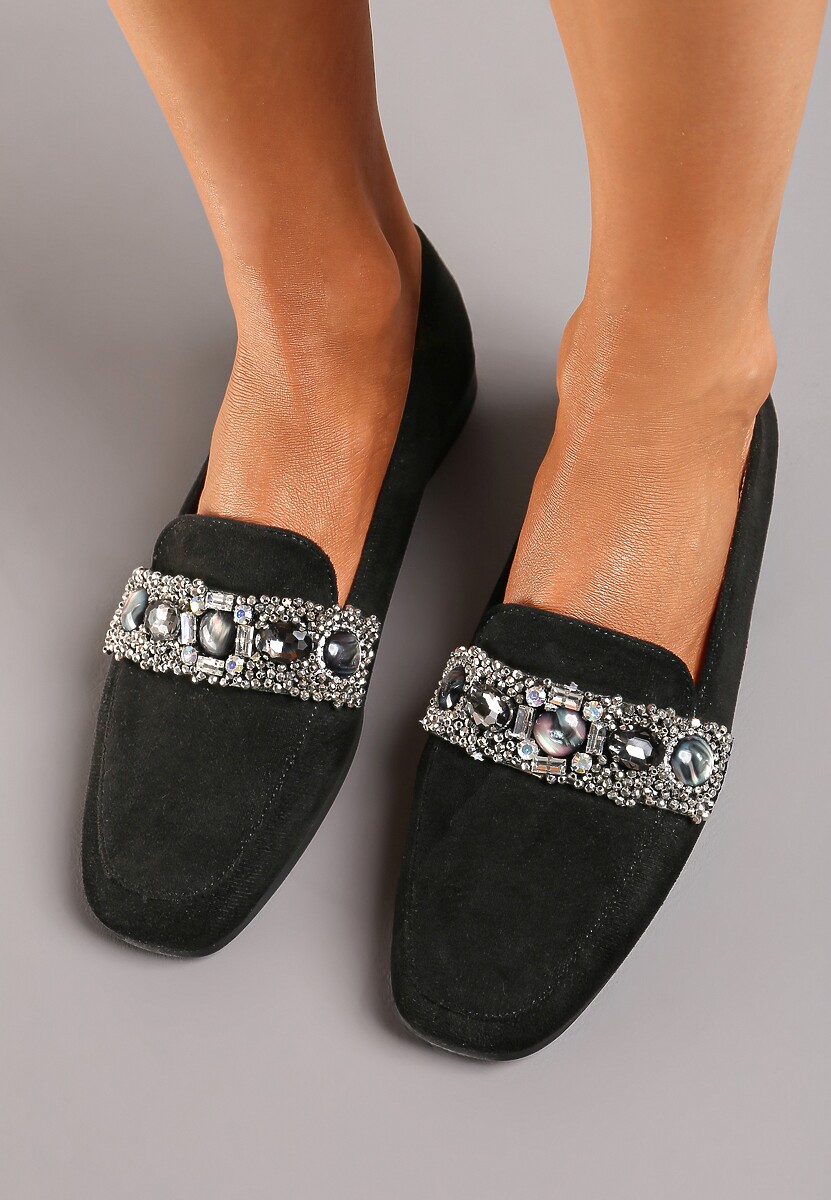 Czarne Mokasyny z Cyrkoniami i Perełkami na Klamerce Sybilla