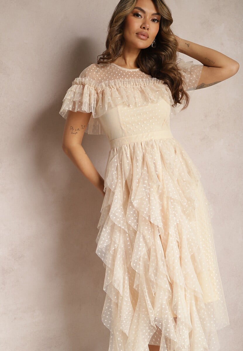 Beżowa Rozkloszowana Sukienka z Transparentnymi Wstawkami z Koronki Saela