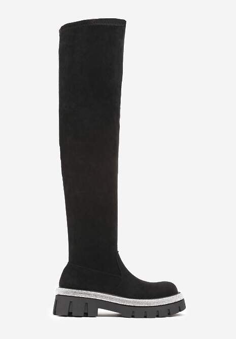 Czarne Kozaki Muszkieterki na Platformie Ozdobione Cyrkoniami Vomekia