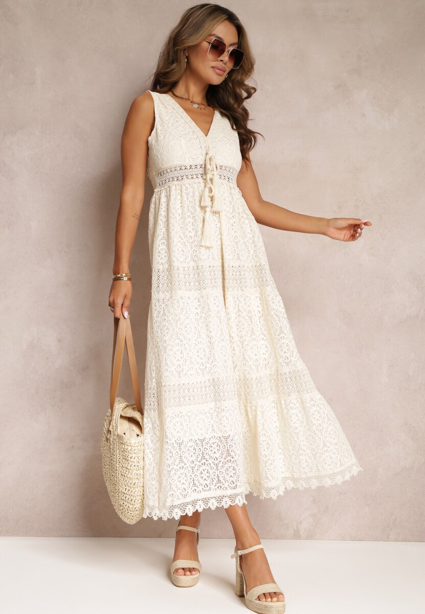 Beżowa Sukienka Maxi z Koronkowej Tkaniny z Wiązaniem przy Dekolcie Nodaia