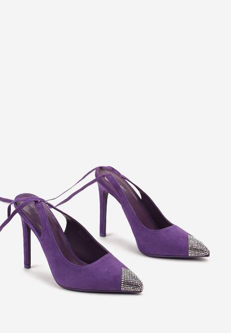 Fioletowe Sandały z Noskiem Ozdobionym Cyrkoniami i Wiązaniem wokół Łydki na Szpilce Hlienoma